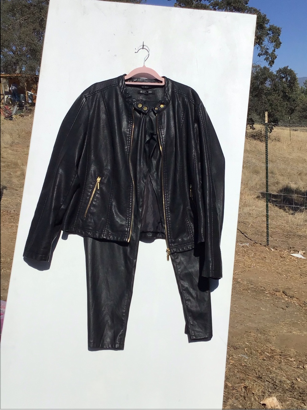 Baccini Black Faux Leather Jacket with Gold Zippers
